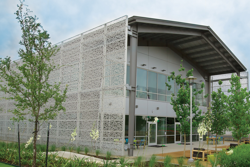 Custom perforated aluminum cladding at The Lakes at Techridge