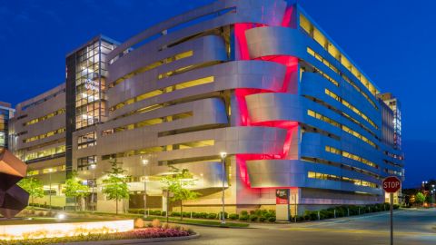 Night View of the Perforated Metal Cladding System for the Cleveland Medical Center