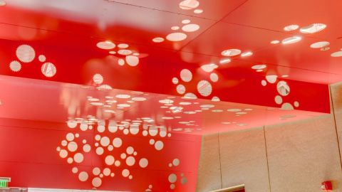 Red Perforated Metal Ceiling Installation