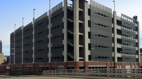 Perforated Corrugated Metal Panels on a Parking Garage