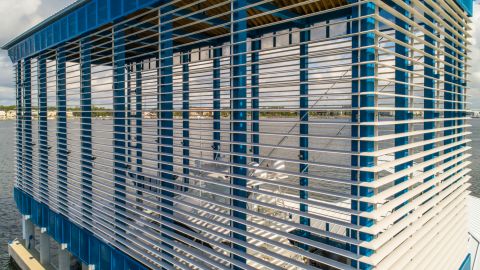 Sunset Point Dock Blue & White Perforated Metal Cladding