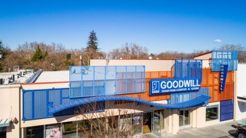 Front View of the Perforated Metal Facade for Goodwill