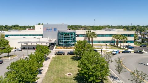 Aerial View of the Front of the UF Health Building and Parking Lot