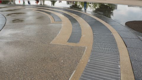 Scioto Mile Curved Trench Grating for Water Drainage