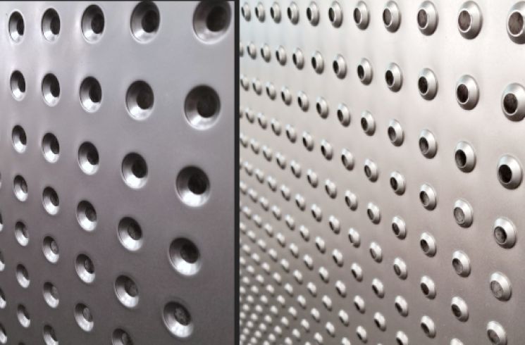 Perforated shelf with dimpled holes, front and back view